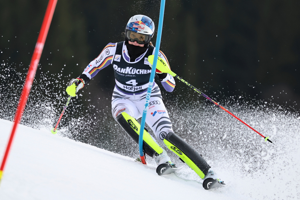 Germany's Emma Aicher competes in an alpine ski, women's slalom race, at the Lillehammer World Cup Finals, in Hafjell, Norway, Tuesday, March 24, 2026. (AP Photo/Marco Trovati)