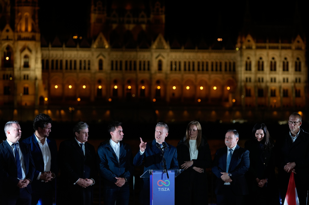 Peter Magyar, the leader of the opposition Tisza party, addresses supporters after claiming victory in a parliamentary election in Budapest, Hungary, Sunday, April 12, 2026. (AP Photo/Darko Bandic)