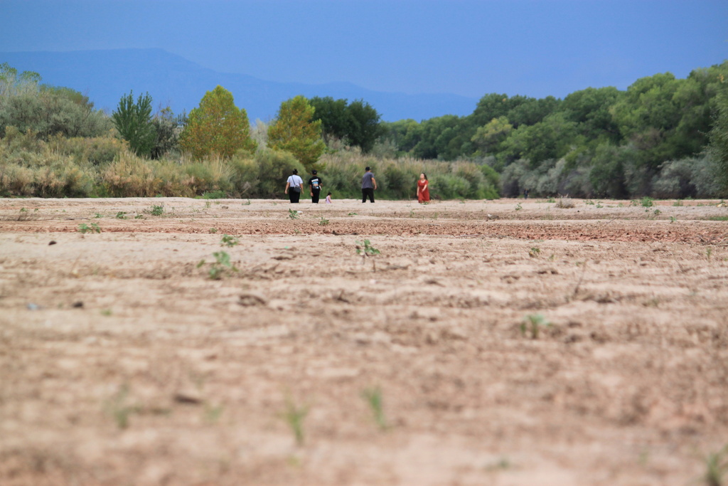 FILE - A family takes a walk in the Rio Grande's dry riverbed in Albuquerque, N.M., on Thursday, Aug. 21, 2025. (AP Photo/Susan Montoya Bryan, File)