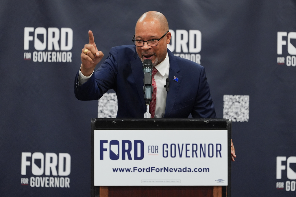 Gubernatorial candidate Aaron Ford, attorney general of Nevada, speaks during a primary election night watch party after winning the Democratic nomination Tuesday, June 9, 2026, in Las Vegas. (AP Photo/Jae C. Hong)