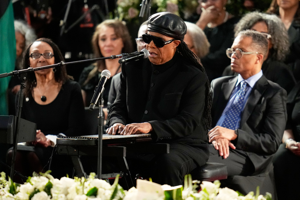 Stevie Wonder performs at the Homegoing Celebration of Life for the Rev. Jesse Jackson, Saturday, March 7, 2026, at Rainbow PUSH Coalition headquarters in Chicago. (AP Photo/Erin Hooley)