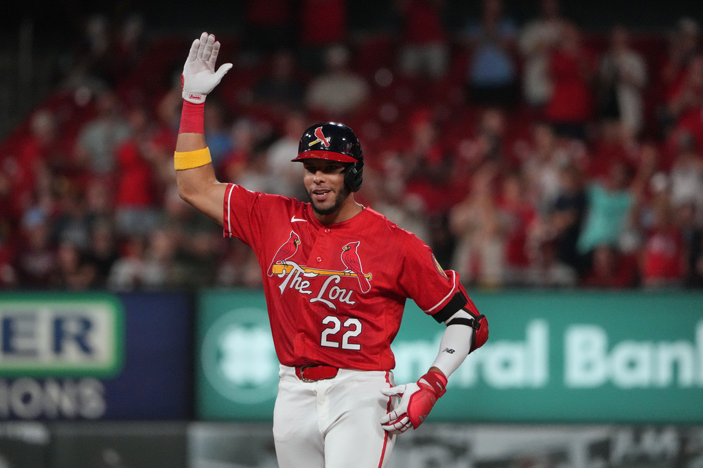 St. Louis Cardinals' Joshua Báez celebrates after hitting an RBI double during the fifth inning of a baseball game against the Chicago White Sox Friday, Sept. 11, 2026, in St. Louis. (AP Photo/Jeff Roberson)