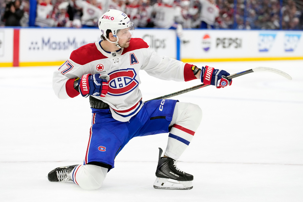 Montréal Canadiens right wing Josh Anderson (17) celebrates after scoring against the Tampa Bay Lightning during the first period in Game 1 of an NHL hockey Stanley Cup first-round playoff series, Sunday, April 19, 2026, in Tampa, Fla. (AP Photo/Chris O'Meara)