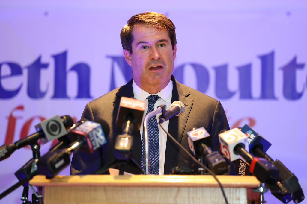 Rep. Seth Moulton speaks after losing the Democratic primary during a primary election night event Tuesday Sept. 1, 2026, in Boston. (AP Photo/Reba Saldanha)