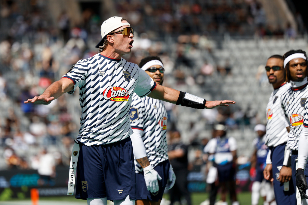 Founders FFC's Tom Brady reacts to a call made by the referee against the U.S. National Flag team during the Fanatics Flag Football Classic, Saturday, March 21, 2026, in Los Angeles. (AP Photo/Caroline Brehman)