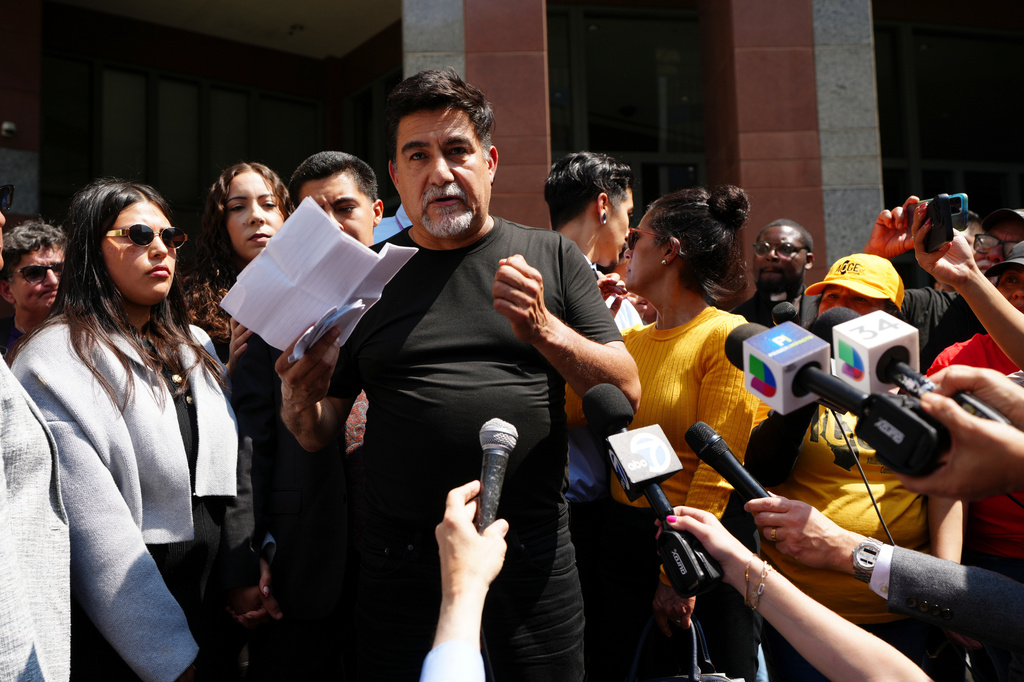 FILE - David Huerta, the president of the Service Employees International Union California who was arrested during an immigration raid, speaks after he was released on a bond in downtown Los Angeles on June 9, 2025. (AP Photo/Damian Dovarganes, File)