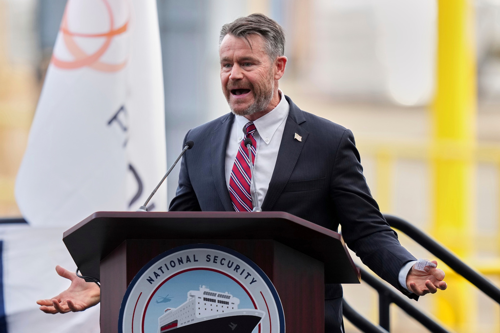FILE - Sen. Todd Young, R-Ind., speaks at the Hanwha Philly Shipyard for a cristening ceremony Tuesday, Aug. 26, 2025, in Philadelphia. (AP Photo/Matt Slocum, File)