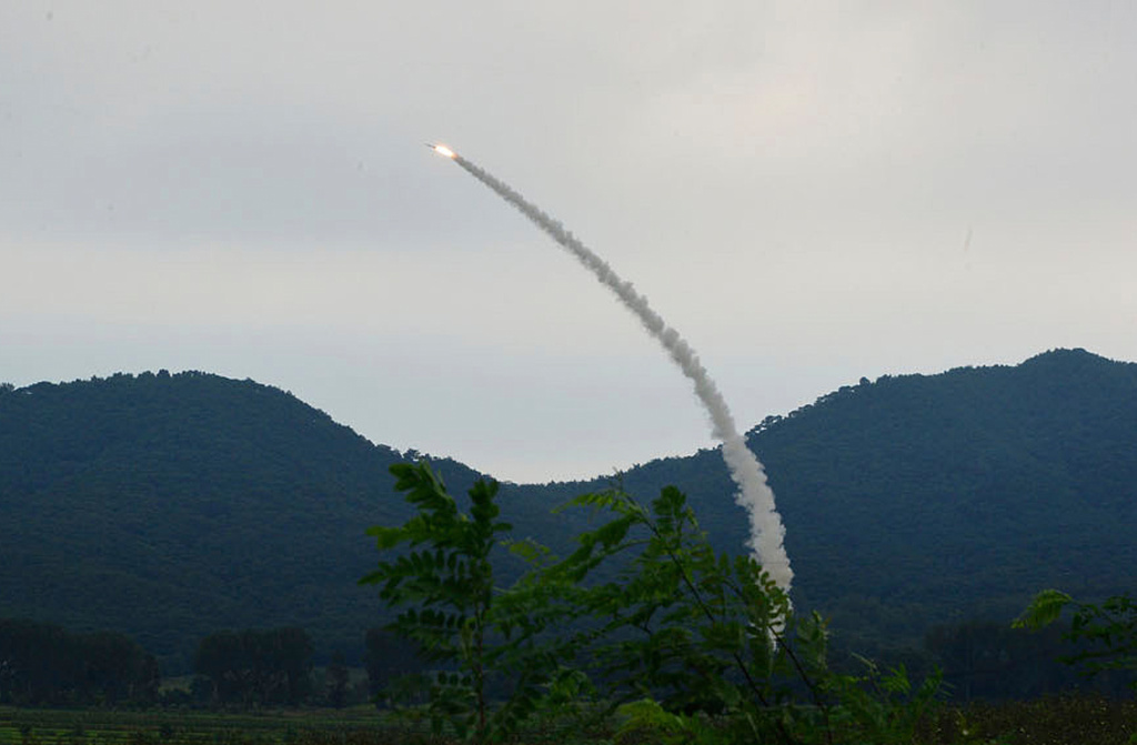 This photo provided Sunday, Aug. 24, 2025, by the North Korean government shows the test-firing of a new anti-air missile at undisclosed location, North Korea on Aug. 23, 2025. Independent journalists were not given access to cover the event depicted in this image distributed by the North Korean government. The content of this image is as provided and cannot be independently verified. (Korean Central News Agency/Korea News Service via AP)