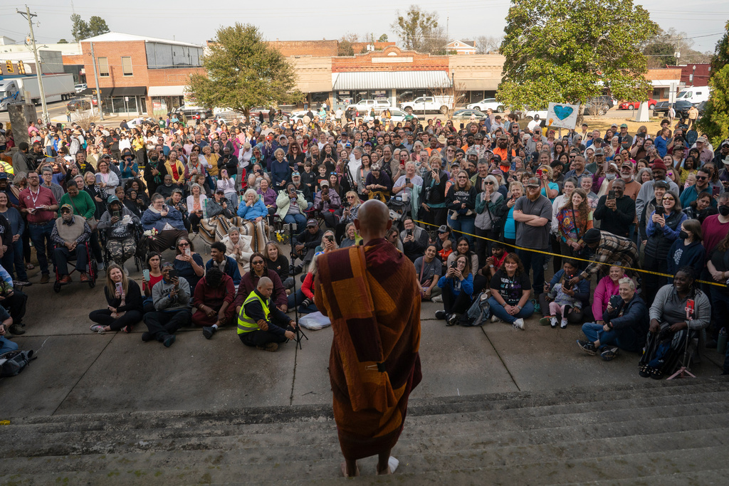 Bhikkhu Pannakara, a spiritual leader, speaks to supporters during the, "Walk For Peace," Thursday, Jan. 8, 2026, in Saluda, S.C. (AP Photo/Allison Joyce)