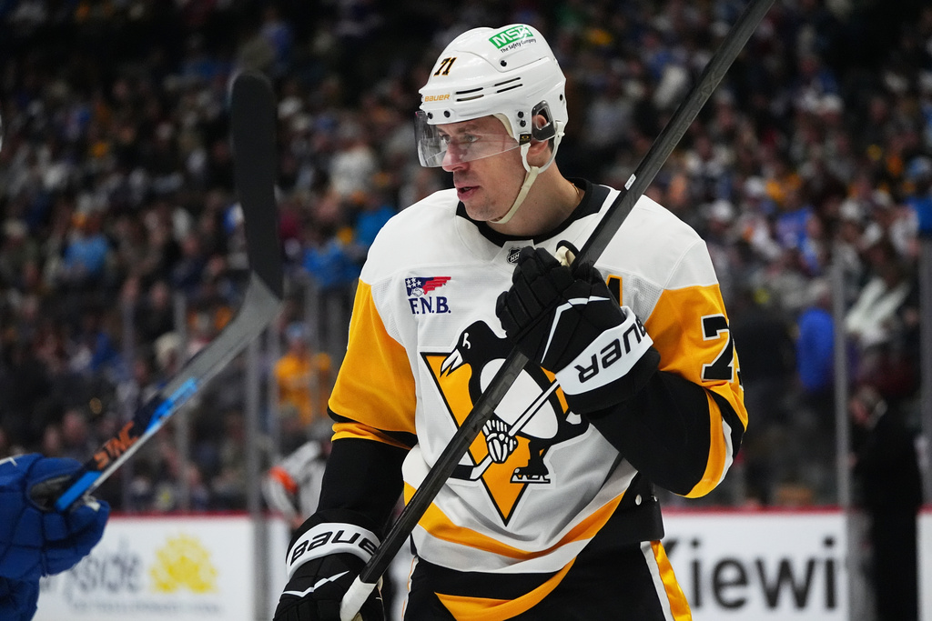Pittsburgh Penguins center Evgeni Malkin waits for play to resume in the second period of an NHL hockey game against the Colorado Avalanche Monday, March 16, 2026, in Denver. (AP Photo/David Zalubowski)