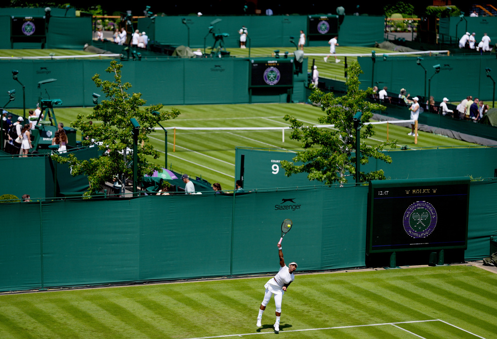 Serena Williams of the U.S. returns a shot during a practice session, ahead of the Wimbledon Tennis Championships, at the All England Lawn Tennis and Croquet Club, in London, Saturday June 27, 2026. (John Walton/PA via AP)
