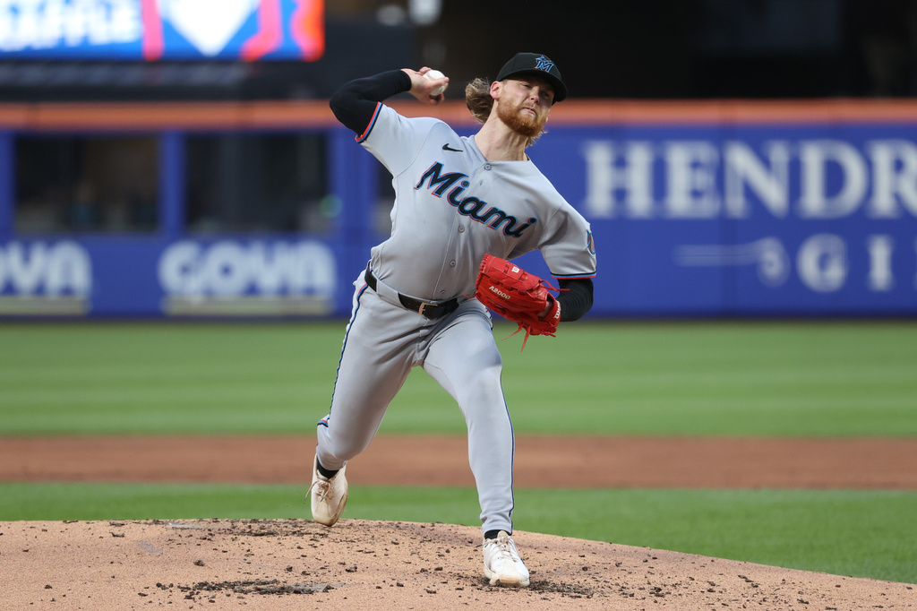 Miami Marlins pitcher Max Meyer throws during the second inning of a baseball game against the New York Mets, Friday, May 29, 2026, in New York. (AP Photo/Pamela Smith)