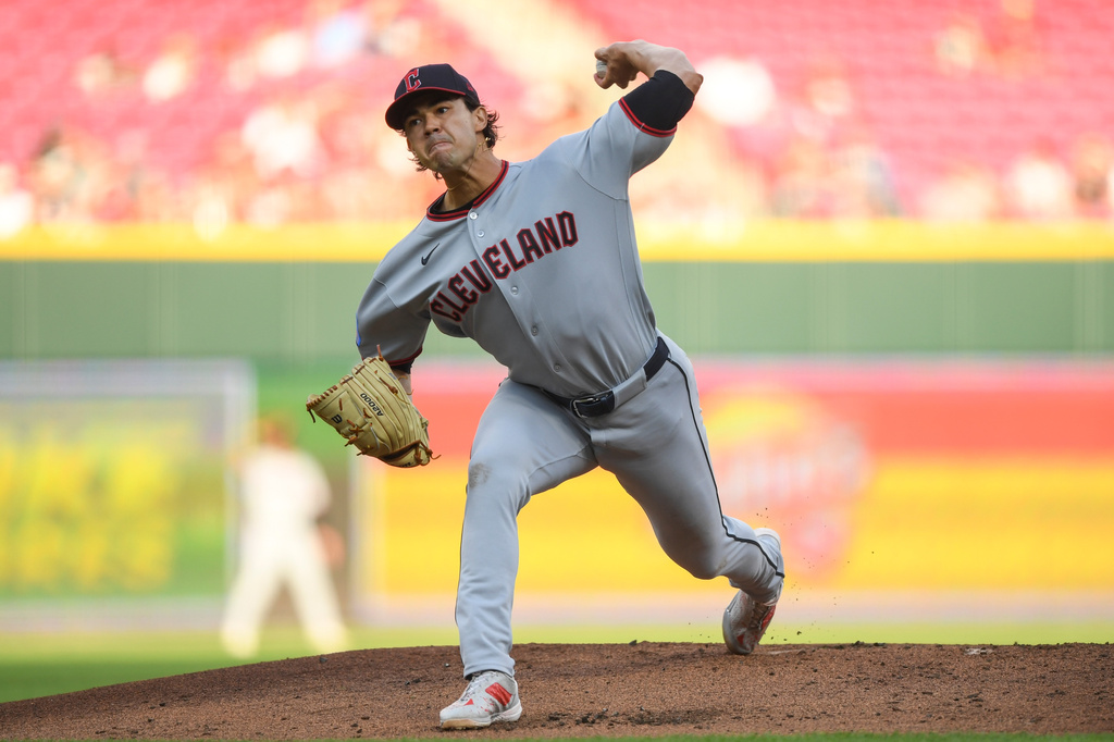 Cleveland Guardians' Joey Cantillo pitches during the first inning of a baseball game against the Cincinnati Reds in Cincinnati, Wednesday, July 29, 2026. (AP Photo/Tanner Pearson)