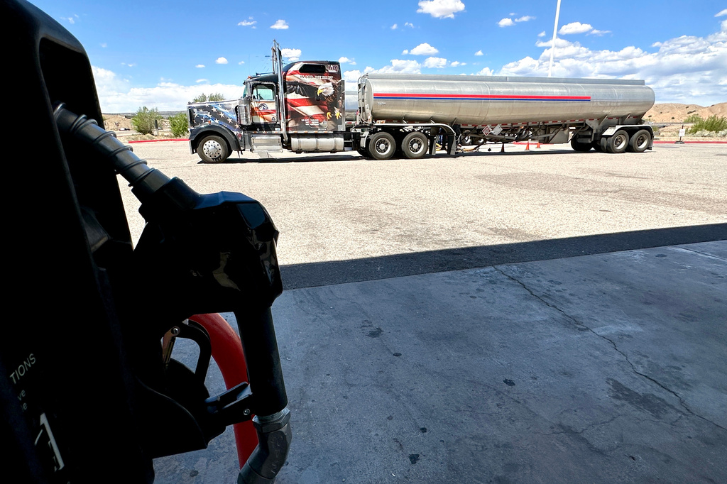 A tanker truck delivers more fuel to a tribally owned gas station along Interstate 25 near San Felipe Pueblo, New Mexico, on Thursday, April 9, 2026. (AP Photo/Susan Montoya Bryan)