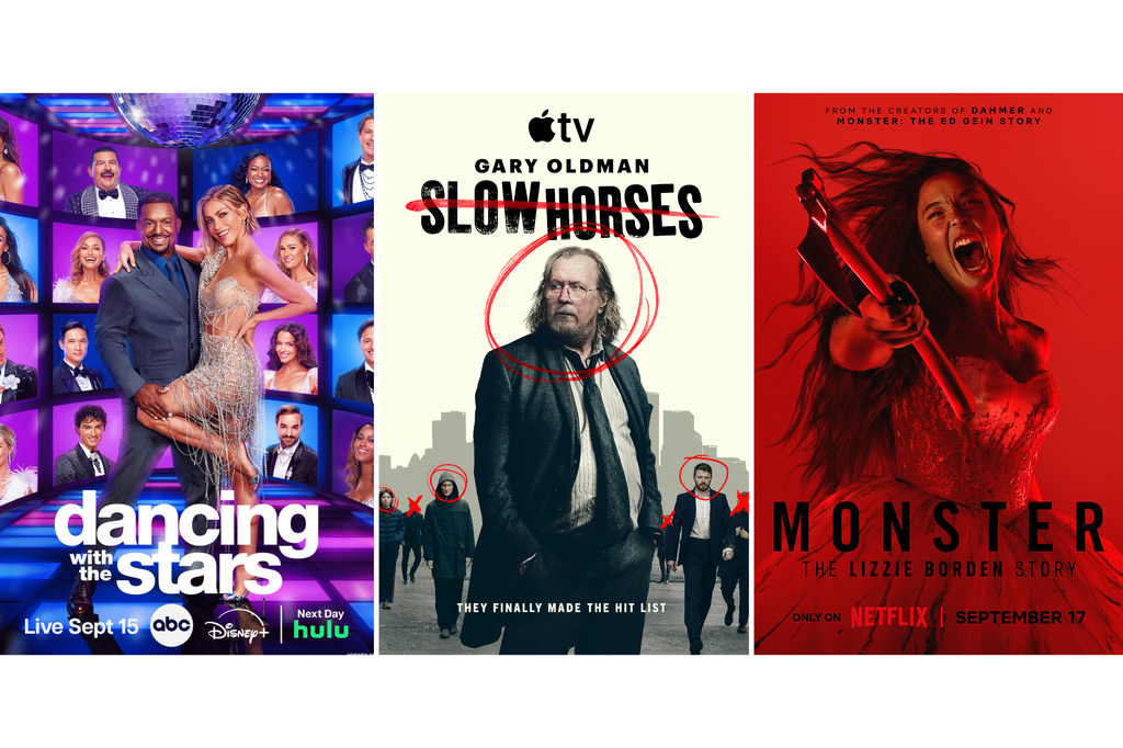 This combination of images show promotional art for "Dancing with the Stars," left, the series "Slow Horses," center, and "Monster: The Lizzie Borden Story." (Disney/Apple TV/Netflix via AP)
