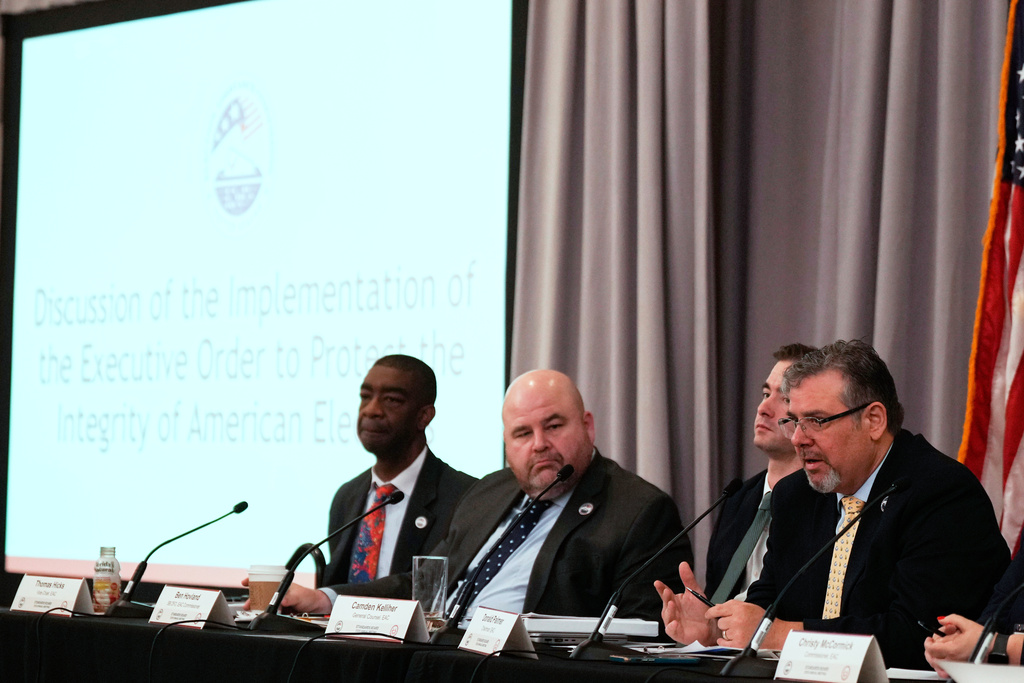 FILE - Commissioner Donald Palmer speaks during a U.S. Election Assistance Commission Standards Board public meeting April 24, 2025, in Charlotte, N.C. (AP Photo/Chris Carlson, File)