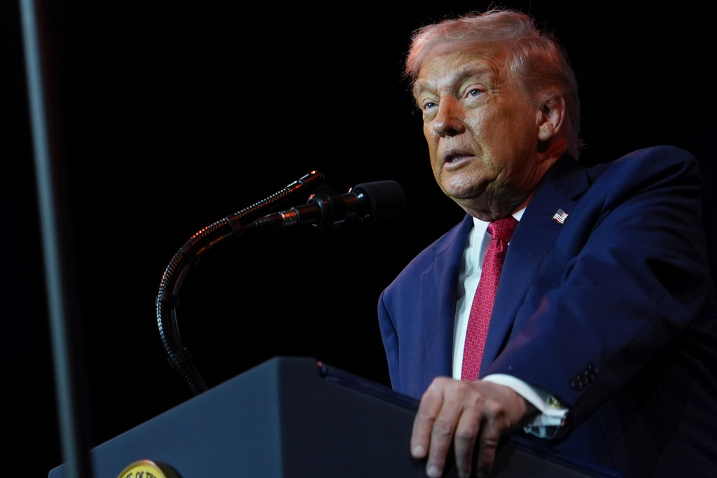 President Donald Trump speaks to House Republican lawmakers during their annual policy retreat, Tuesday, Jan. 6, 2026, in Washington. (AP Photo/Evan Vucci)