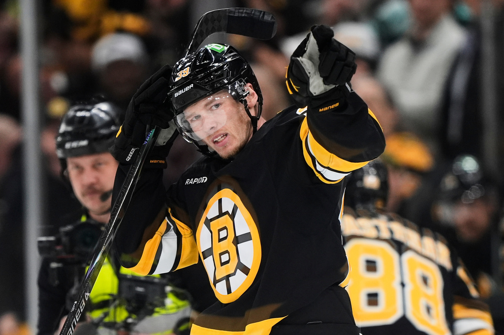 Boston Bruins center Morgan Geekie (39) celebrates his goal during the second period of an NHL hockey game against the Tampa Bay Lightning, Saturday, April 11, 2026, in Boston. (AP Photo/Robert F. Bukaty)