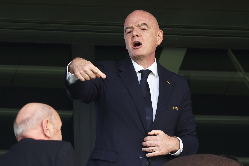 FIFA President Gianni Infantino attends the opening game of the Women's U20 World Cup opening match between Poland and Argentina in Katowice, Poland, Saturday, Sept. 5, 2026. (AP Photo/Beata Zawrzel)