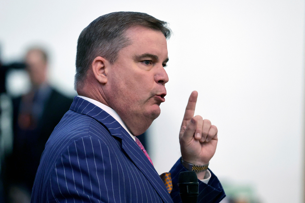 Rep. Brenden Jones, R-Columbus, speaks as a bill is debated that was proposed in response to the murder of Ukrainian Iryna Zarutska during a North Carolina legislative session, Tuesday, Sept. 23, 2025, in Raleigh, N.C. (AP Photo/Chris Seward)