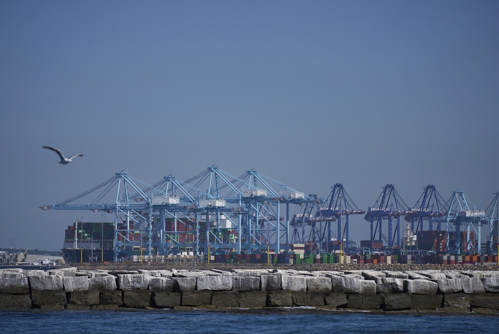The Port of Los Angeles is visible near Eco Wave Power's onshore wave energy site at the port's AltaSea ocean institute, on Thursday, Sept. 4, 2025, in Los Angeles. (AP Photo/Damian Dovarganes)