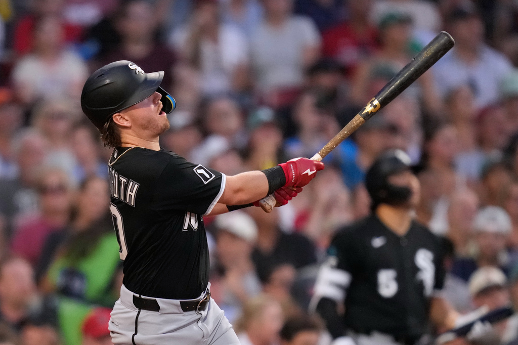 Chicago White Sox's Chase Meidroth watches his two-run home run during the third inning of a baseball game against the Boston Red Sox, Thursday, Aug. 6, 2026, in Boston. (AP Photo/Charles Krupa)