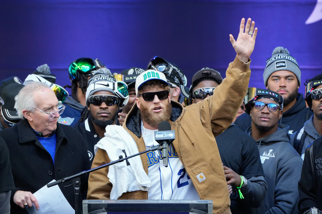 Seattle Seahawks wide receiver Cooper Kupp speaks during the team's NFL football Super Bowl 60 celebration at Lumen Field, Wednesday, Feb. 11, 2026, in Seattle. (AP Photo/Stephen Brashear)