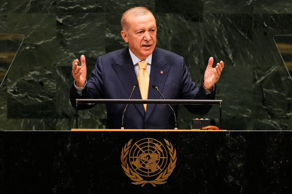 Turkey's President Recep Tayyip Erdogan speaks during the 81st session of the United Nations General Assembly at United Nations headquarters, Tuesday, Sept. 22, 2026. (AP Photo/Seth Wenig)