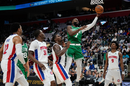 Boston Celtics guard Jaylen Brown, second from right, shoots against, from front left to right, Detroit Pistons forward Tobias Harris, guard Javonte Green, center Jalen Duren and forward Ausar Thompson during the first half of an NBA basketball game Sunday, Oct. 26, 2025, in Detroit. (AP Photo/Ryan Sun) Boston Celtics guard Jaylen Brown, second from right, shoots against, from front left to right, Detroit Pistons forward Tobias Harris, guard Javonte Green, center Jalen Duren and forward Ausar Thompson during the first half of an NBA basketball game Sunday, Oct. 26, 2025, in Detroit. (AP Photo/Ryan Sun)