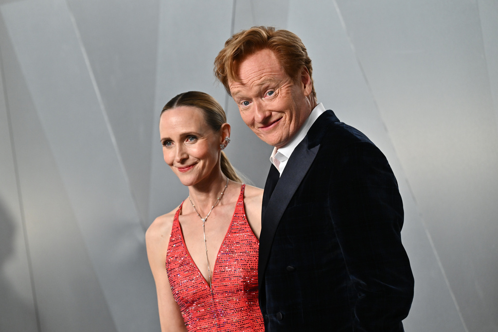 Liza Powel O'Brien, left, and Conan O'Brien arrive at the Vanity Fair Oscar Party on Sunday, March 15, 2026, at the Los Angeles County Museum of Art in Los Angeles. (Photo by Evan Agostini/Invision/AP)