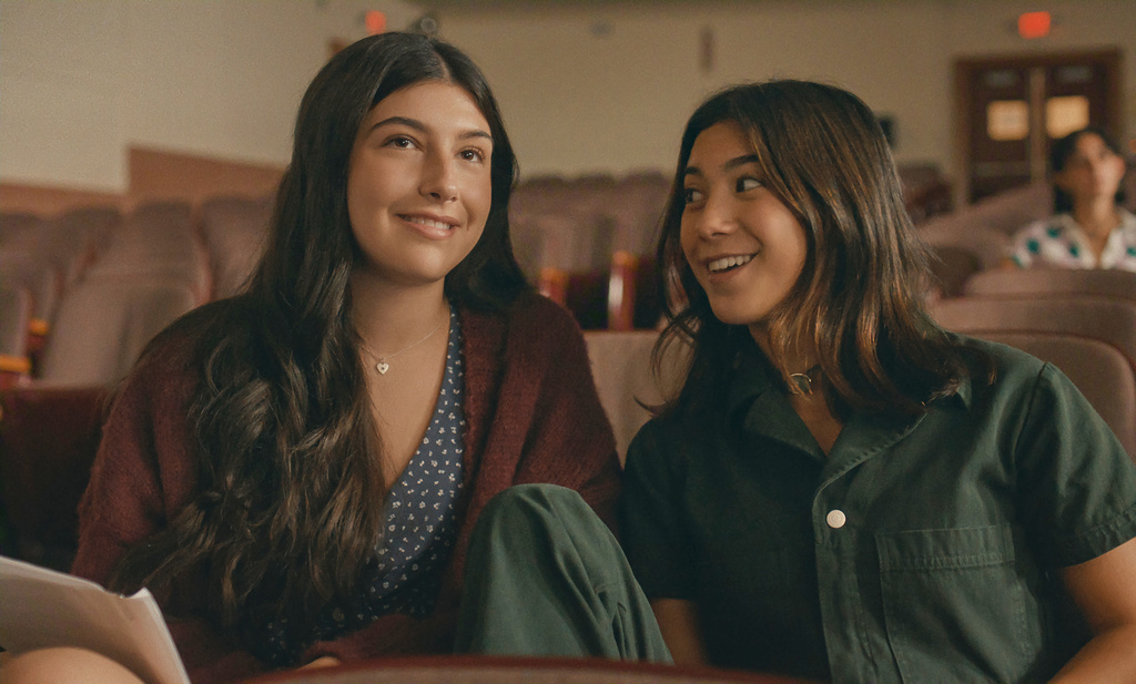This image released by Netflix shows Sunny Sandler, left, and Scarlett Estevez in a scene from "Don't Say Good Luck." (Jaclyn Martinez/Netflix via AP)