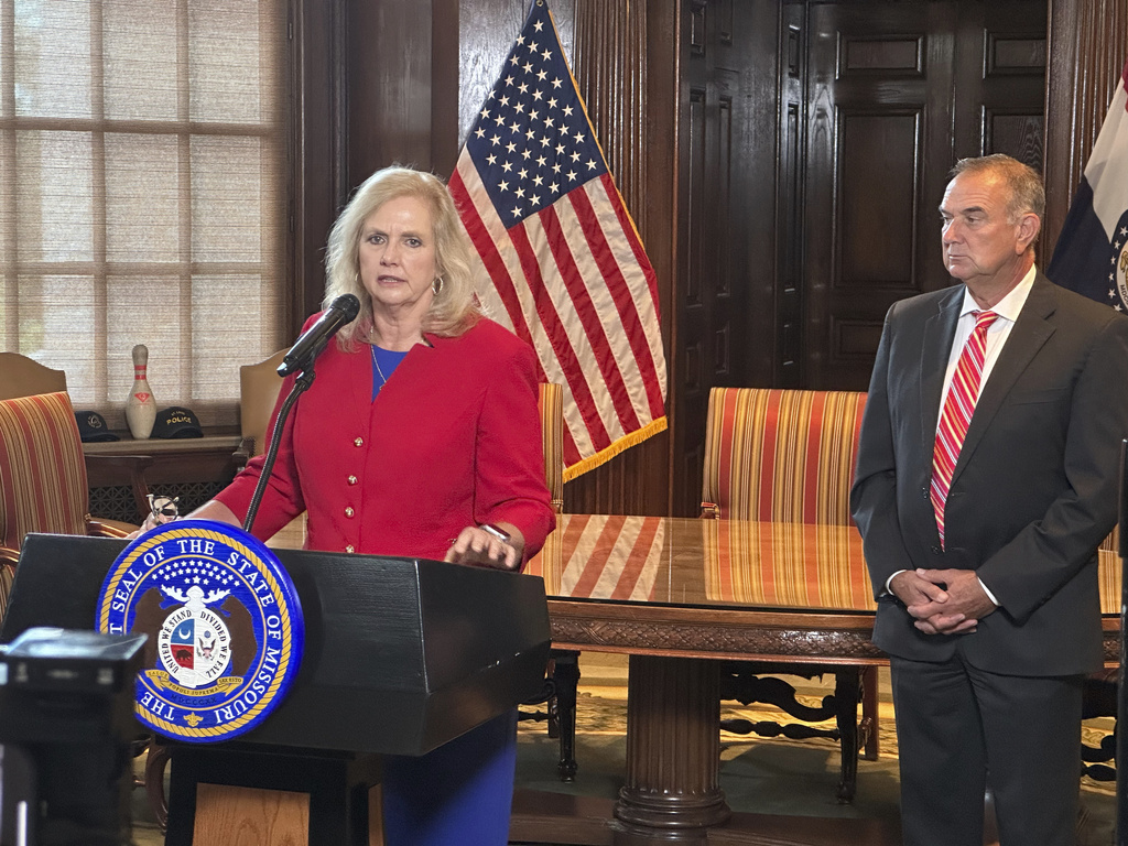 Former U.S. Attorney Catherine Hanaway speaks to reporters after Missouri Gov. Mike Kehoe announced her appointment as the state's next attorney general on Tuesday, Aug. 19, 2025, at the governor's Capitol office in Jefferson City, Mo. (AP Photo/David A. Lieb)