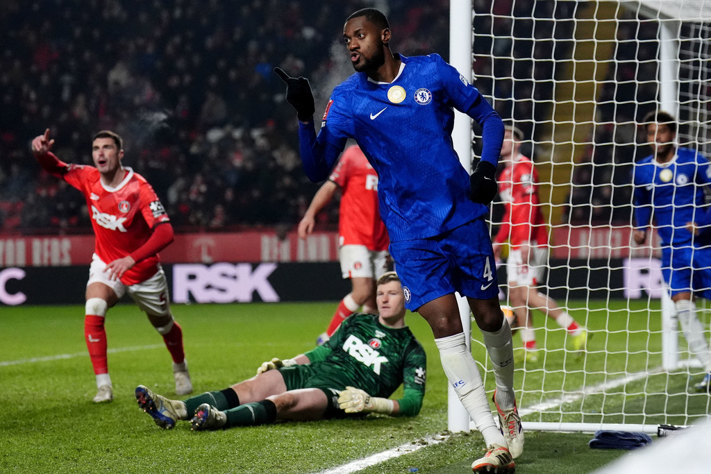 Chelsea's Tosin Adarabioyo celebrates scoring his team's second goal of the game during the English FA Cup third round soccer match between Charlton Athletic and Chelsea in London, Saturday Jan. 10, 2026. (John Walton/PA via AP)