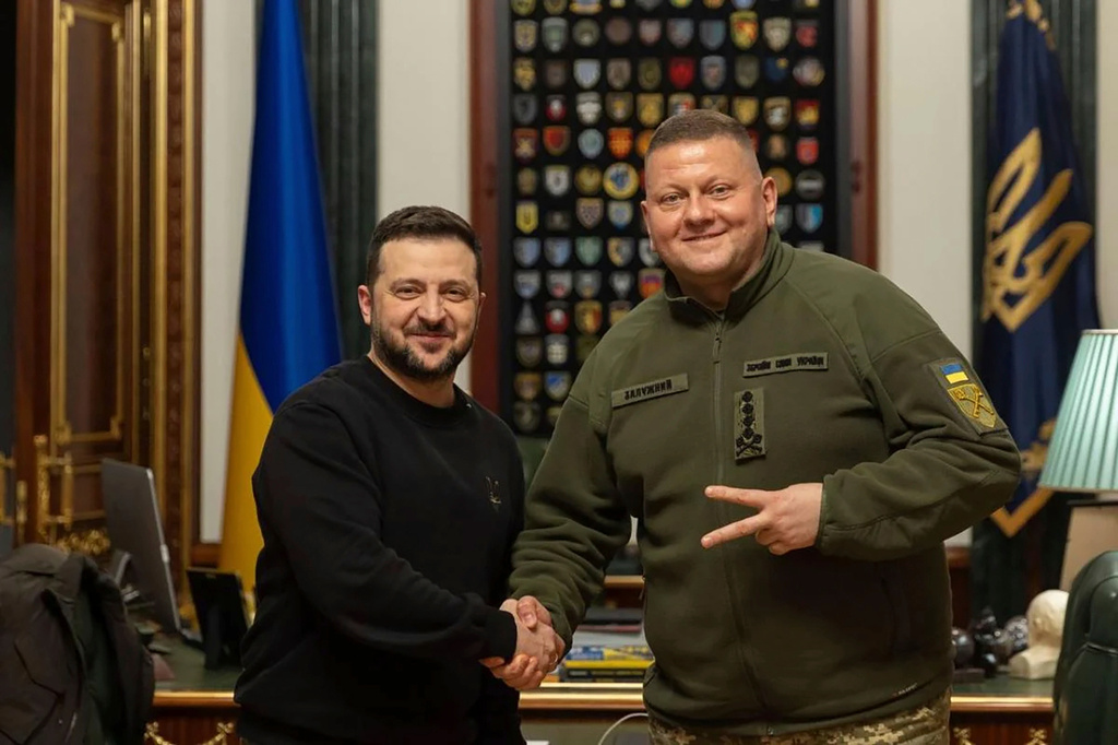 In this photo provided by the Ukrainian Presidential Press Office, Ukrainian President Volodymyr Zelenskyy, left, shakes hands with Commander in Chief of Ukraine's Armed Forces Valerii Zaluzhnyi during their meeting in Kyiv, Ukraine, Feb. 8, 2024. (Ukrainian Presidential Press Office via AP, File)