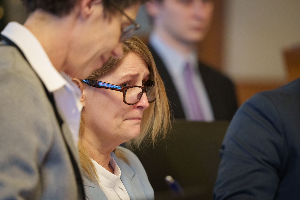 Kristin Ramsey, charged in the killing of a young real estate agent, sits in a hearing at the Dallas County courthouse, Friday, April 10, 2026 in Adel, Iowa. (Zach Boyden-Holmes/The Des Moines Register via AP, Pool)