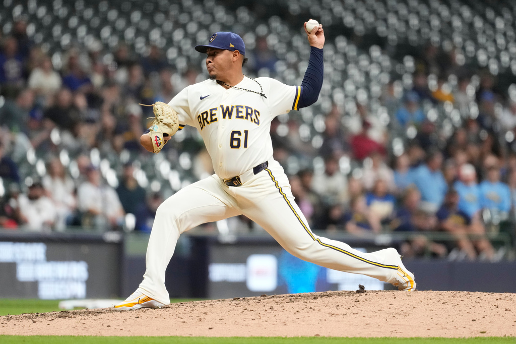 Milwaukee Brewers' Angel Zerpa pitches during the eighth inning of a baseball game against the Tampa Bay Rays, Monday, March 30, 2026, in Milwaukee. (AP Photo/Aaron Gash)