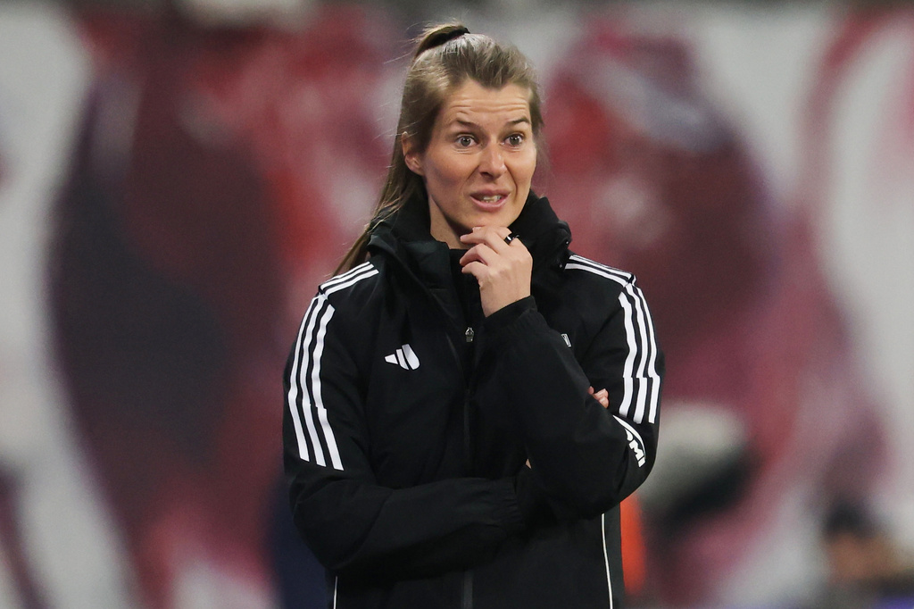 Union Berlin coach Marie-Louise Eta watches from the sideline during a Bundesliga soccer match between RB Leipzig and 1. FC Union Berlin, Friday, April 24, 2026, in Leipzig, Germany. (Jan Woitas/dpa via AP)