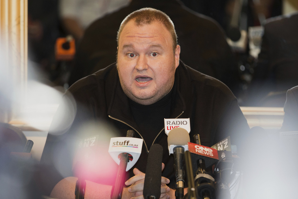 Kim Dotcom addresses a press conference in Auckland, New Zealand, on Sept. 15, 2014. (Peter Meecham/Stuff via AP)
