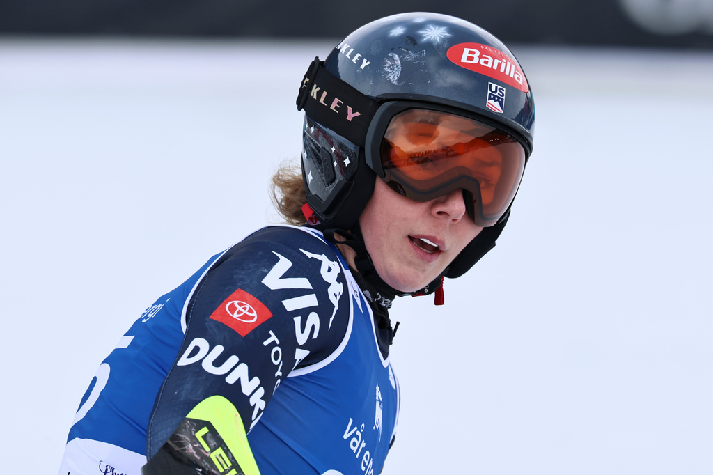 United States' Mikaela Shiffrin at the finish area of an alpine ski, women's super-G race, at the Lillehammer World Cup Finals, in Kvitfjell, Norway, Sunday, March 22, 2026. (AP Photo/Marco Trovati)
