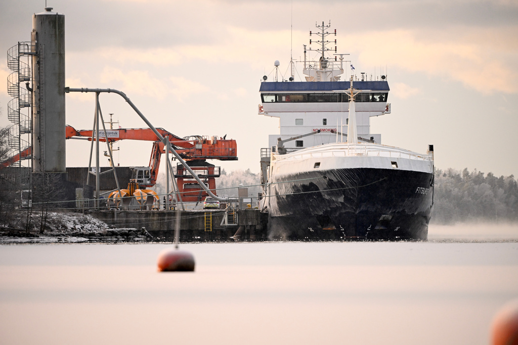 Seized vessel Fitburg rests in the harbour, in Kirkkonummi, Finland, Thursday, Jan. 1, 2026. (Roni Rekomaa/Lehtikuva via AP)