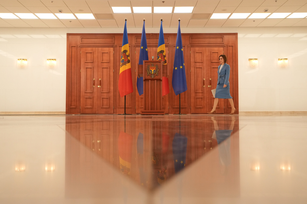 Moldova's President Maia Sandu arrives for a press conference after the parliamentary election, in Chisinau, Moldova, Monday, Sept. 29, 2025. (AP Photo/Vadim Ghirda)