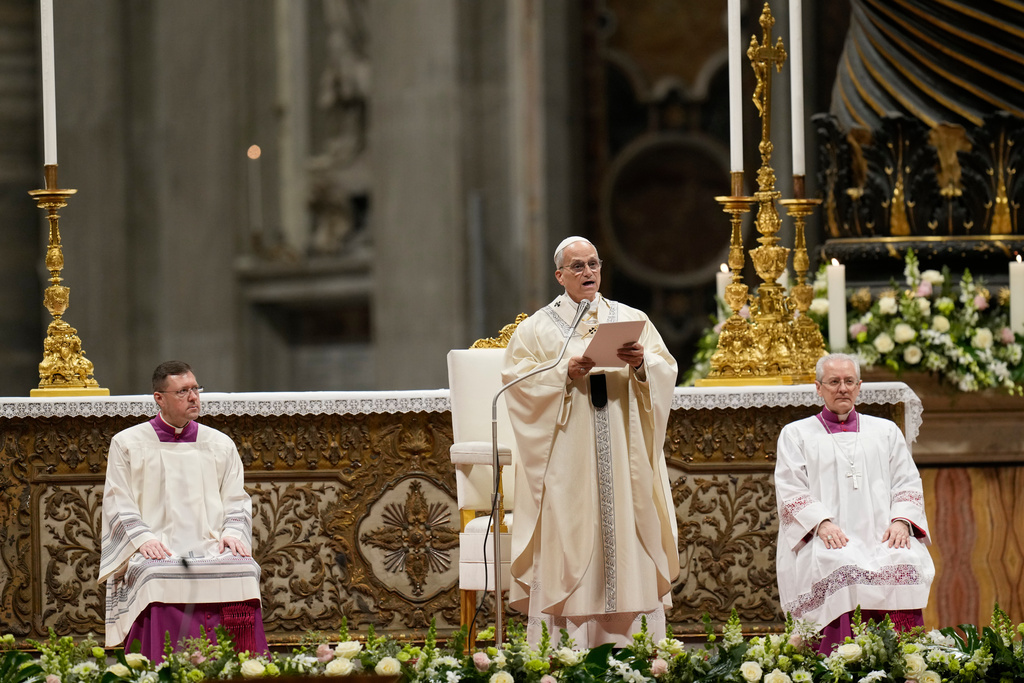 Pope Leo XIV presides Mass in St. Peter's Basilica at the Vatican on the Cathoilic feast of the Presentation of the Lord, Monday, Feb. 2, 2026. (AP Photo/Gregorio Borgia)