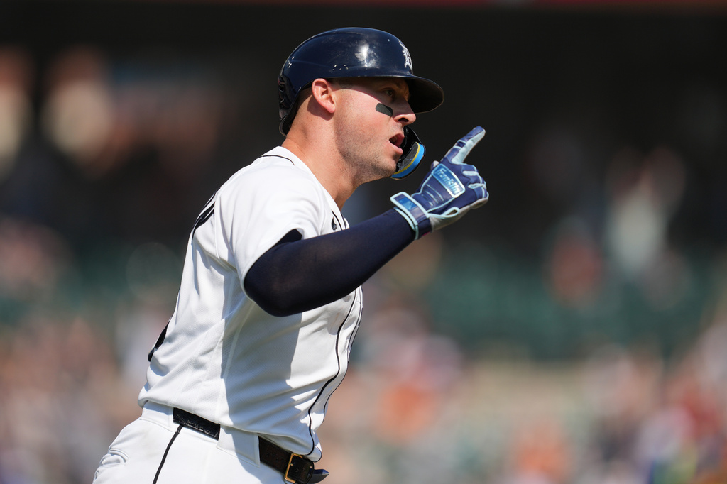Detroit Tigers' Spencer Torkelson reacts to his walk off home run against the Milwaukee Brewers during the ninth inning of a baseball game Thursday, April 23, 2026, in Detroit. (AP Photo/Paul Sancya)