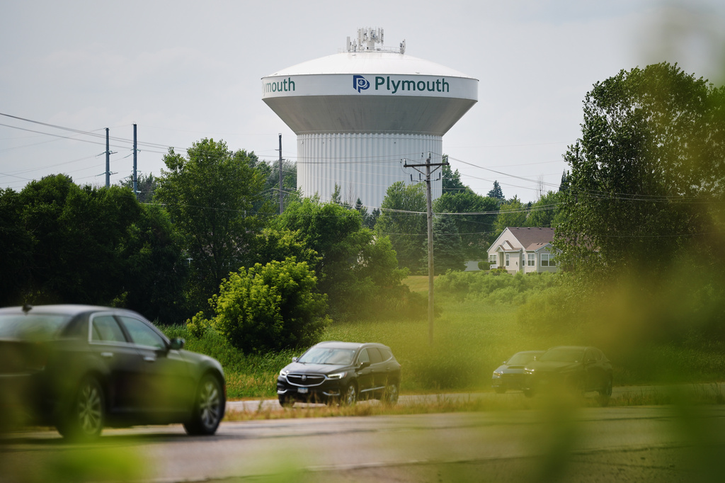 A water tower is seen Thursday, July 30, 2026, in Plymouth, Minn. A cyberattack targeted the operating technology at over 30 water systems in Minnesota, including Plymouth's, earlier this week, state officials said. (AP Photo/Ellen Schmidt)