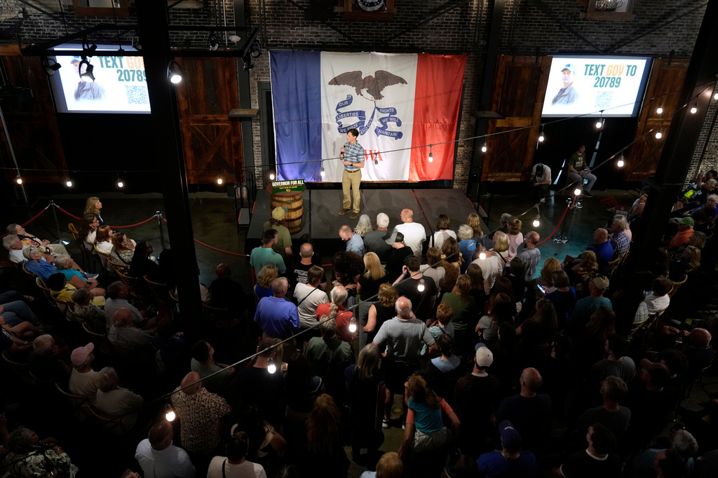 Iowa Democratic gubernatorial candidate Rob Sand speaks during a campaign rally, Sunday, June 7, 2026, in Des Moines, Iowa. (AP Photo/Charlie Neibergall)