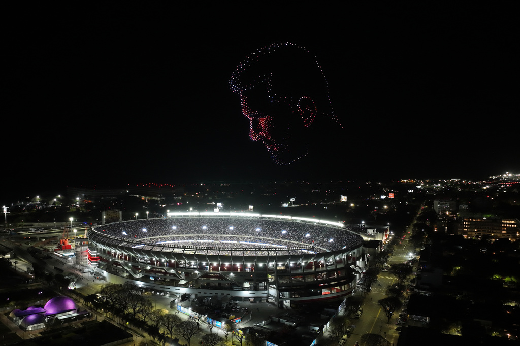 A drone display featuring Argentina's Lionel Messi is seen at the end of his final match for the national team, a soccer friendly against Benin, in Buenos Aires, Argentina, Tuesday, Oct.6, 2026. (AP Photo/Julian Bongiovanni)