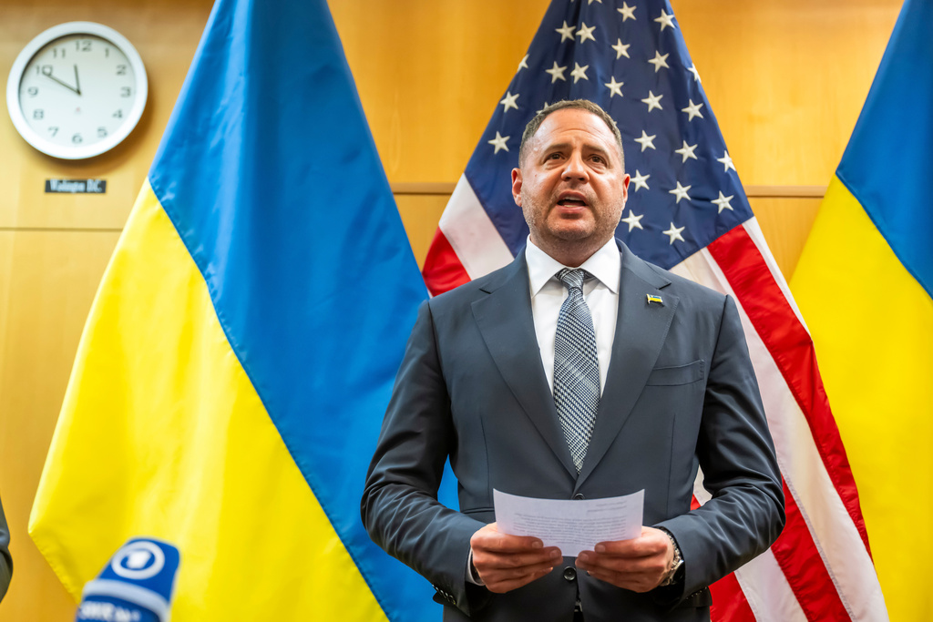 Head of the Office of the President of Ukraine Andriy Yermak talks to the press at the U.S. Mission to International Organizations in Geneva, Switzerland, Sunday, Nov. 23, 2025. (Martial Trezzini/Keystone via AP)