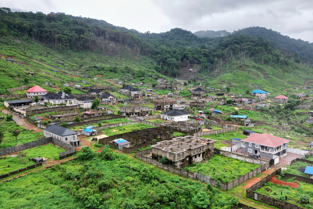 An aerial view of mansions under construction in Bio Barray, outskirt of Freetown, Sierra Leone, Wednesday, July 2, 2025. (AP Photo/Misper Apawu)