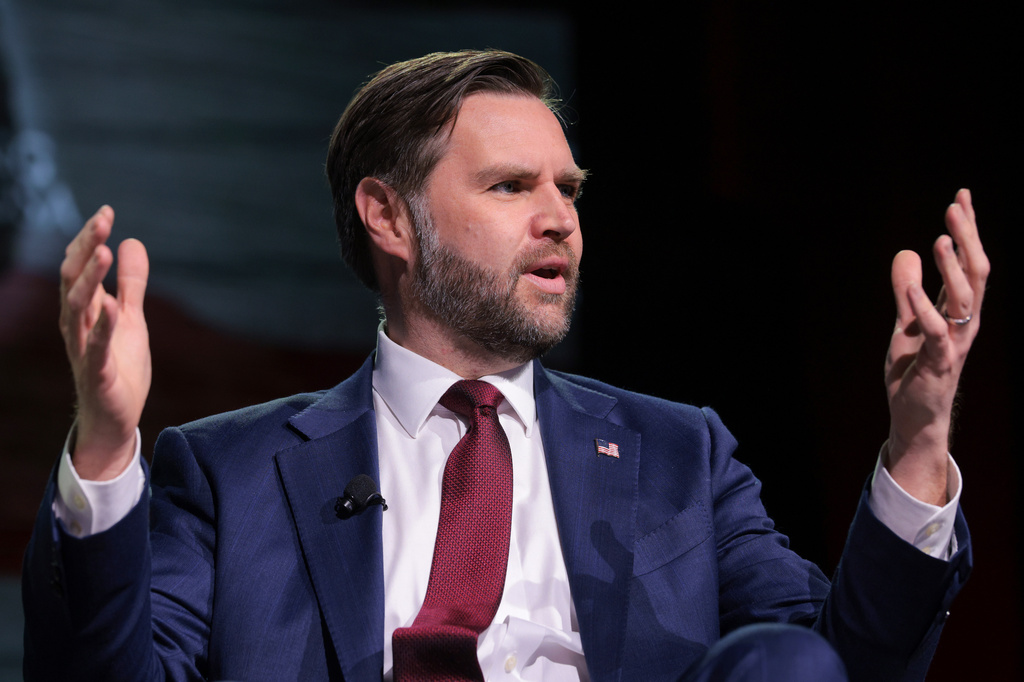 Vice President JD Vance speaks during a Turning Point USA event at Akins Ford Arena at the Classic Center in Athens, Ga., Tuesday, April 14, 2026. (Chip Somodevilla/Pool via AP)