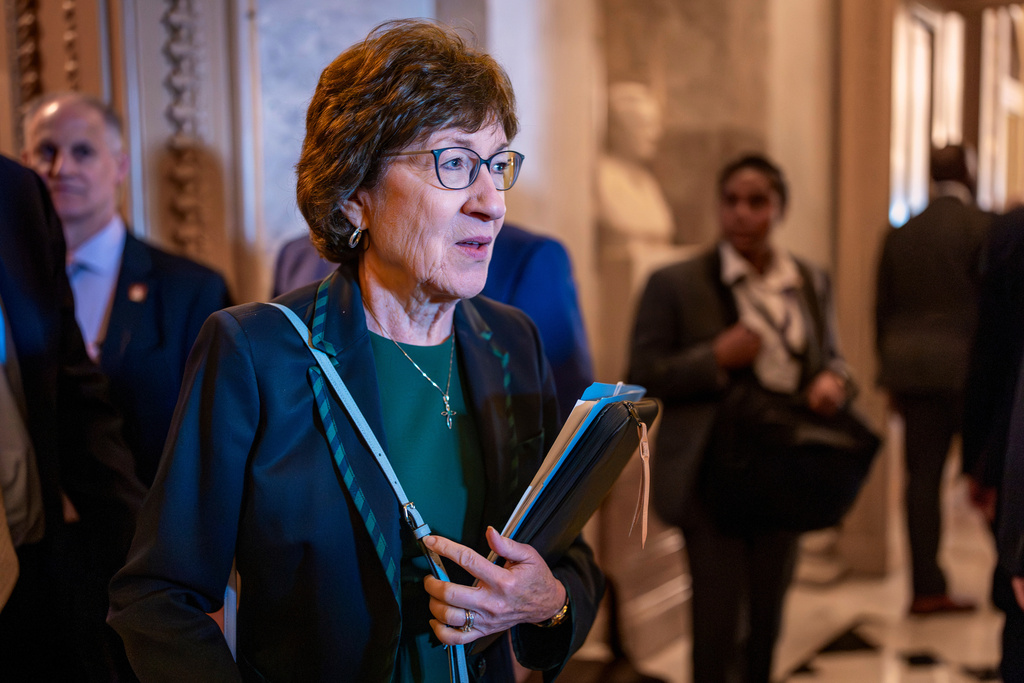 FILE - Sen. Susan Collins, R-Maine, departs the chamber at the Capitol in Washington on July 24, 2025. (AP Photo/J. Scott Applewhite, File)